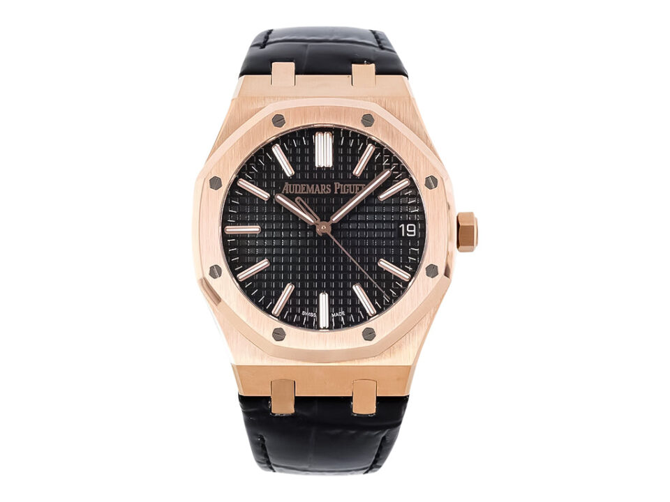 Royal Oak Pink Gold 50th Anniversary watch with black dial, leather strap, and 41mm case displayed on a white background.