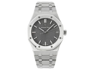 Royal Oak Stainless Steel 41mm watch with grey patterned dial, stainless steel bracelet, and date display at 3 o'clock.