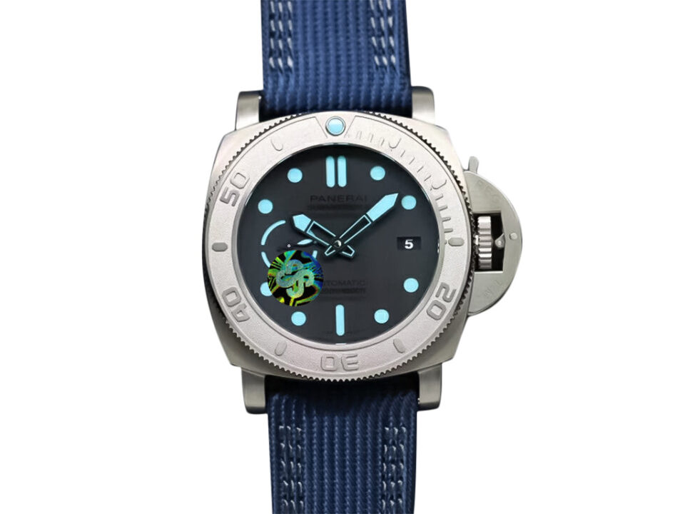 Luminor Submersible 47 ‘Mike Horn Edition’ watch with titanium case, titanium bezel grad, and blue strap displayed upright.