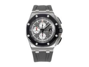 Royal Oak 'Offshore Chronograph' Stainless Steel Watch with Grey Dial (44mm) and black rubber strap, displayed front-facing.