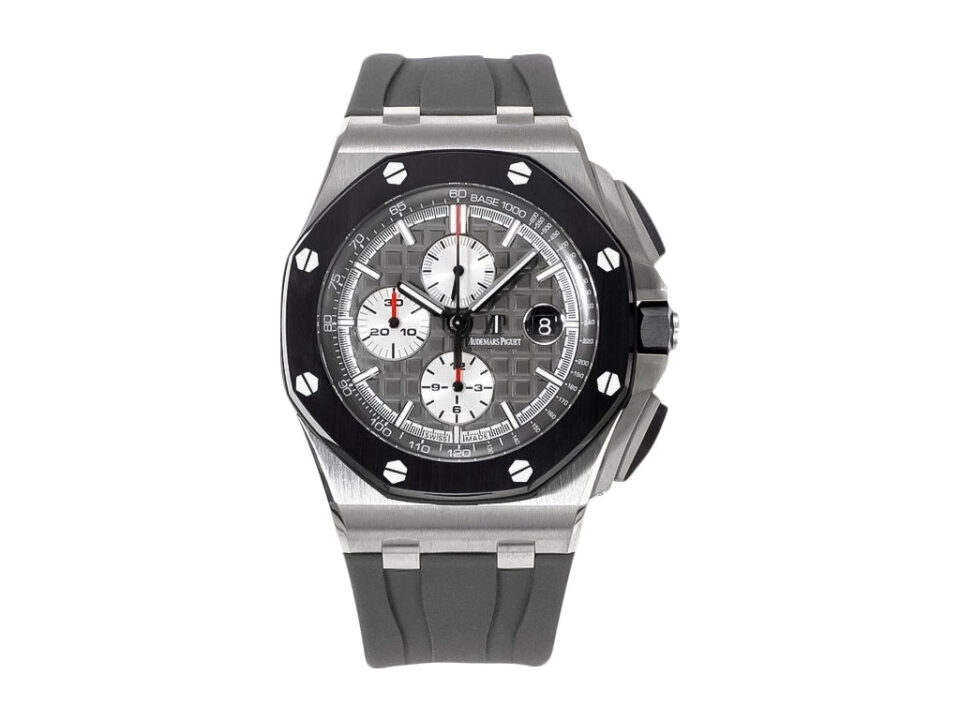 Royal Oak 'Offshore Chronograph' Stainless Steel Watch with Grey Dial (44mm) and black rubber strap, displayed front-facing.