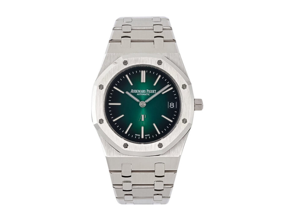 Royal Oak ‘Jumbo Extra-Thin’ 50th Anniversary watch in stainless steel with a smoked green dial and integrated bracelet.