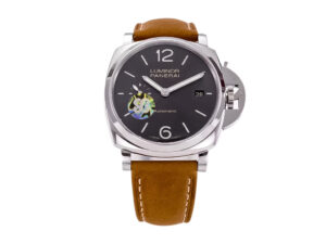 Luminor Due 42 3 Days Date watch with a stainless steel case, grey sunburst dial, and brown strap.