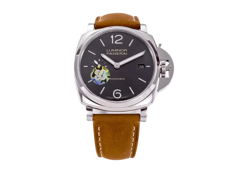 Luminor Due 42 3 Days Date watch with a stainless steel case, grey sunburst dial, and brown strap.