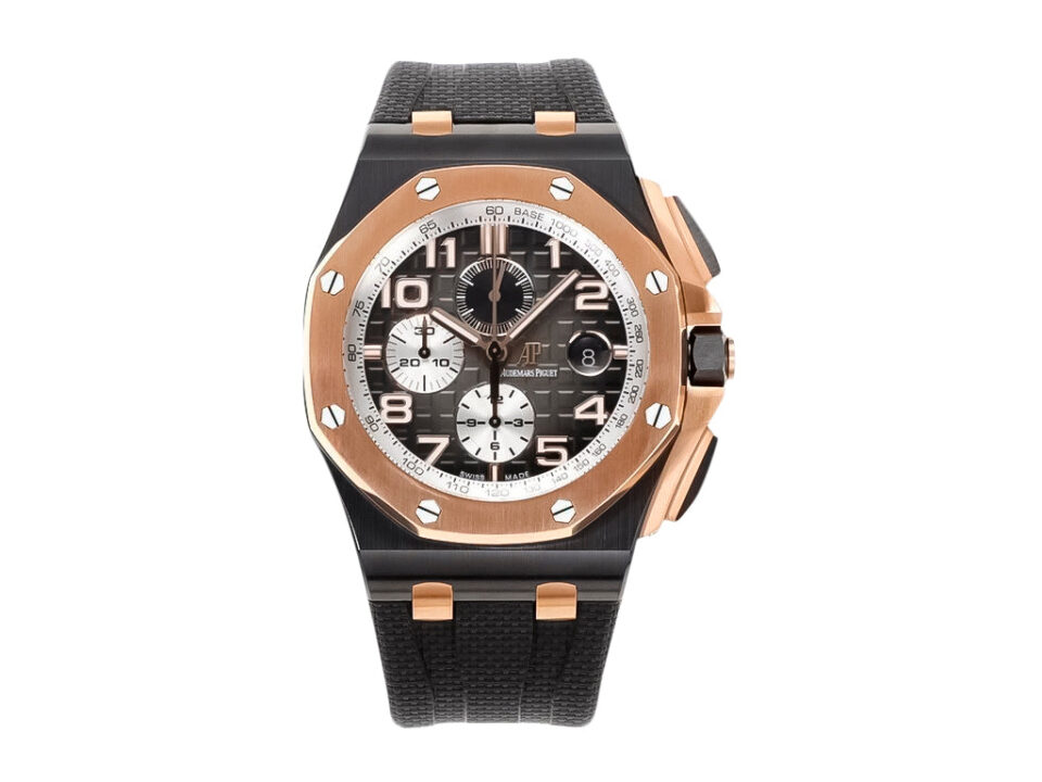 Royal Oak Offshore Chronograph, 44mm, Ceramic and Pink Gold case with Grey Dial featuring intricate detailing bold numerals.