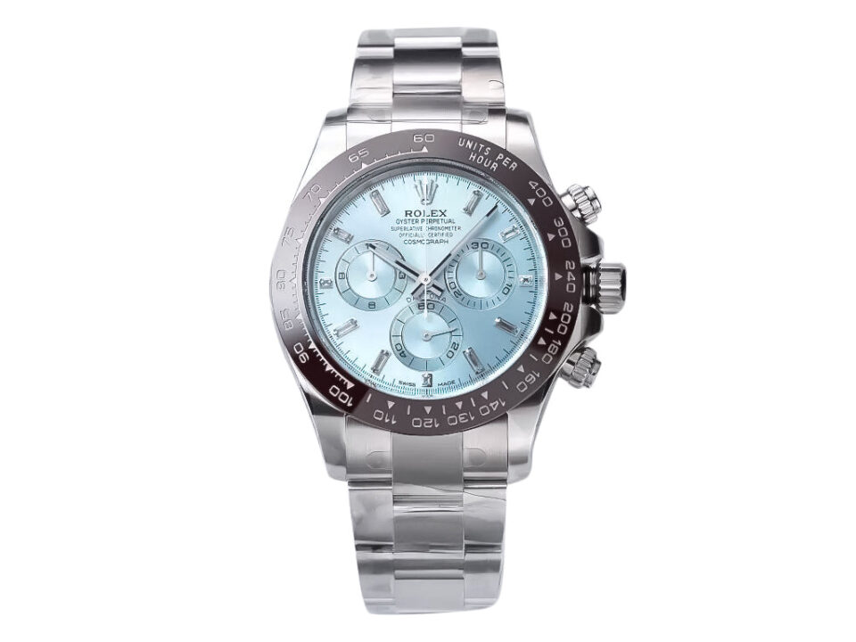 Cosmograph Daytona Platinum watch with an ice blue diamond dial and silver bezel displayed on a product page.