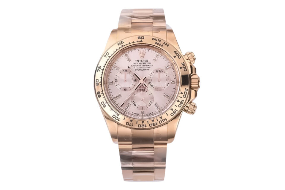 Cosmograph Daytona Rose Gold watch with a diamond-adorned pink dial and an elegant oyster bracelet.