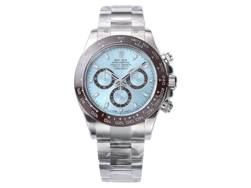Cosmograph Daytona Platinum watch with an ice blue dial and platinum bracelet, featuring three sub-dials a tachymetric scale.