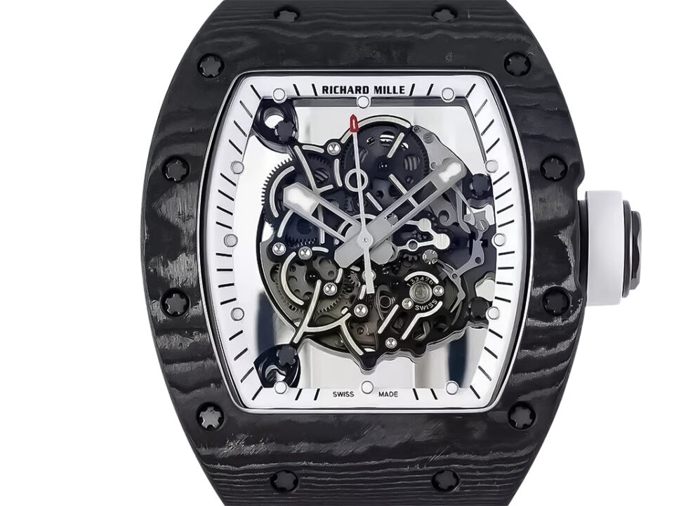 RM055 Bubba Watson watch with white dial, black bezel, and visible mechanics on a white rubber strap (49mm).