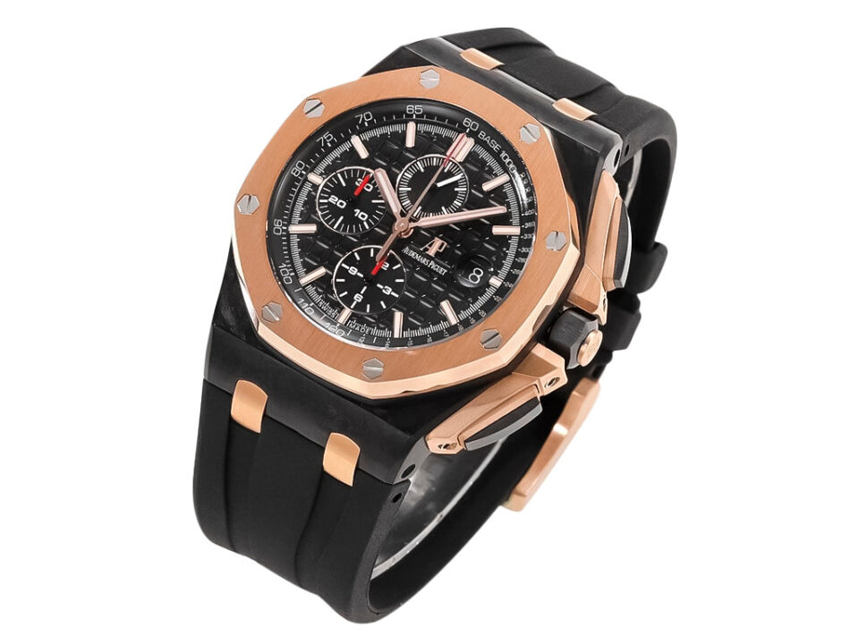 Royal Oak ‘Offshore Chronograph’ Ceramic and Pink Gold with Black Dial (44mm) featuring a black strap and intricate details.