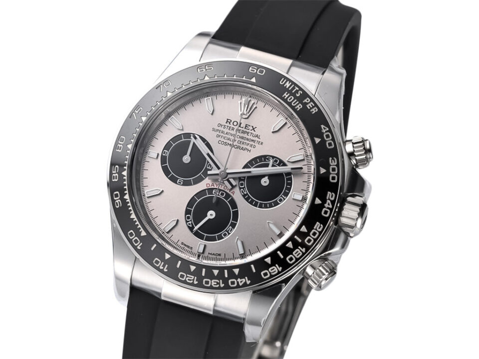 Cosmograph Daytona Stainless Steel Oysterflex with Grey Sunburst Dial (2023), featuring a black rubber strap and chronograph.