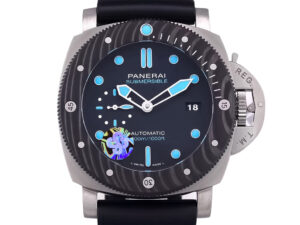 Luminor Submersible 47mm watch with titanium case, forged carbon bezel, black dial, blue markers, and black rubber strap.