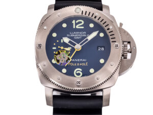 Alt text: Luminor Submersible 1950 3 Days GMT Automatic Titanio ‘Pole 2 Pole’ watch with titanium case and black strap.