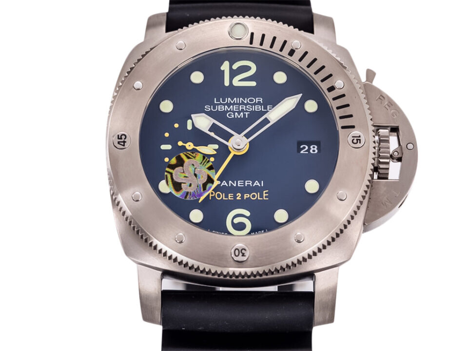 Alt text: Luminor Submersible 1950 3 Days GMT Automatic Titanio ‘Pole 2 Pole’ watch with titanium case and black strap.