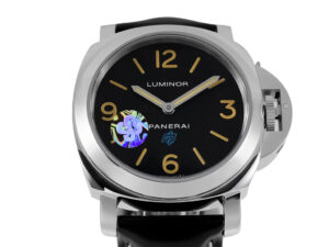 Luminor Base Logo Paneristi 15th Anniversary watch with stainless steel case, black dial, and black leather strap.