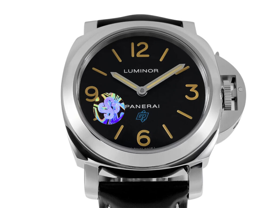 Luminor Base Logo Paneristi 15th Anniversary watch with stainless steel case, black dial, and black leather strap.