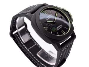 Luminor 1950 44 3 Days Automatic Carbotech watch with forged carbon case, black sunburst dial, and textured strap.