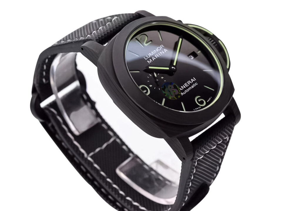 Luminor 1950 44 3 Days Automatic Carbotech watch with forged carbon case, black sunburst dial, and textured strap.