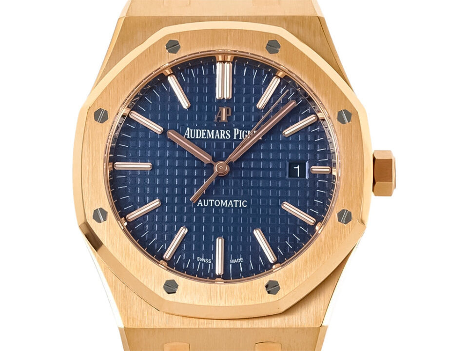 Royal Oak Pink Gold with Blue Dial (41mm) 15400 watch featuring an octagonal bezel, blue textured dial, and gold bracelet.