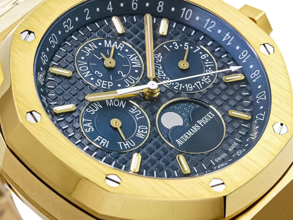 Royal Oak 'Perpetual Calendar' Yellow Gold with Blue Dial (41mm), featuring moon phase and calendar subdials.