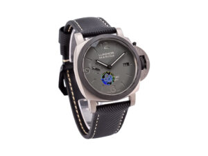 Luminor 1950 44 3 Days Automatic ‘TuttoGrigio’ watch with titanium case, forged carbon bezel, and black strap.