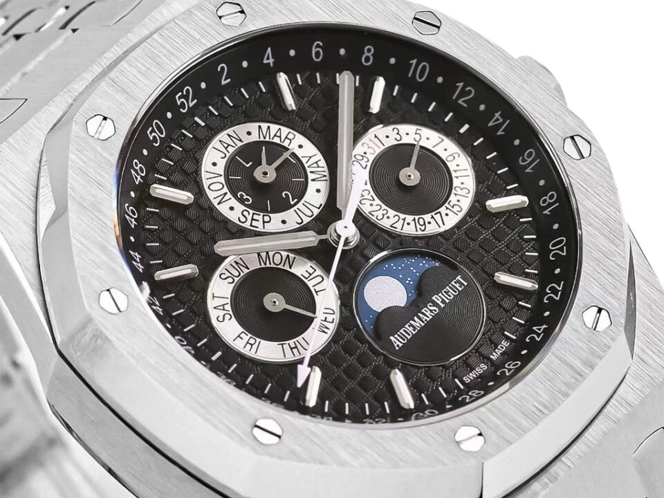Royal Oak Perpetual Calendar Stainless Steel watch, 41mm, black dial with moon phase and calendar display.