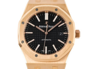 Royal Oak Pink Gold watch with 41mm case, black dial, luminous markers, and date display at 3 o'clock position.