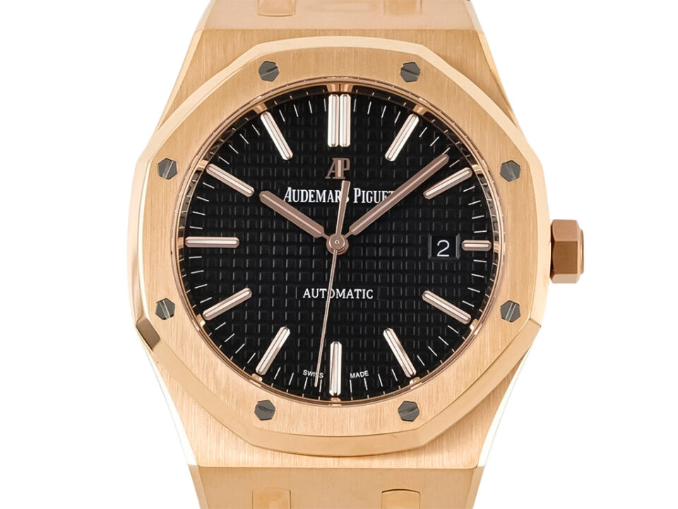 Royal Oak Pink Gold watch with 41mm case, black dial, luminous markers, and date display at 3 o'clock position.