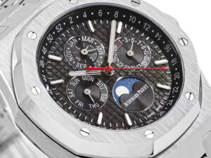 Royal Oak Perpetual Calendar Stainless Steel 41mm watch titanium grey dial, displaying moon phase and calendar indicators.