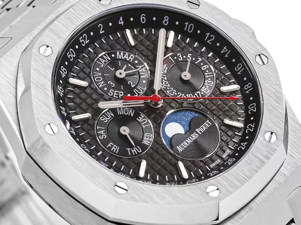 Royal Oak Perpetual Calendar Stainless Steel 41mm watch titanium grey dial, displaying moon phase and calendar indicators.