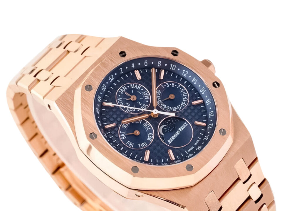Royal Oak Perpetual Calendar 41mm watch in pink gold, featuring a blue dial with calendar and moon phase displays.