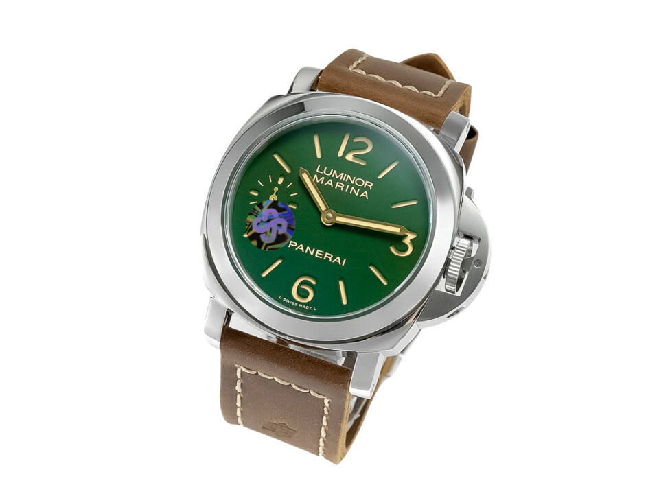 Luminor Marina 8 Days ‘Paneristi’ watch with green dial, stainless steel case, and brown leather strap displayed at an angle.