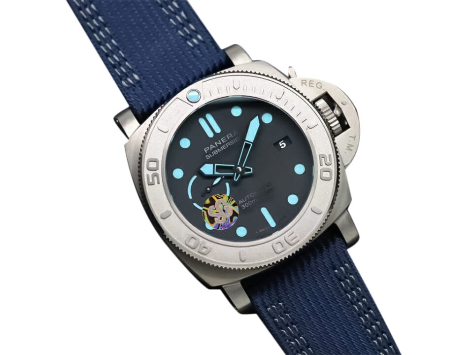 Luminor Submersible 47 ‘Mike Horn Edition’ titanium case and bezel with blue dial, luminous markers, and navy blue strap.