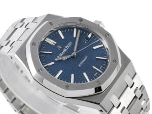 Royal Oak Stainless Steel 41mm watch with a blue textured dial, silver markers, and bracelet link detailing.