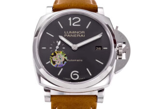 Luminor Due 42 3 Days watch with stainless steel case, grey sunburst dial, date feature, and brown strap displayed face-on.