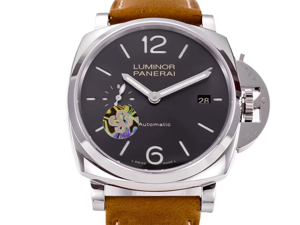 Luminor Due 42 3 Days watch with stainless steel case, grey sunburst dial, date feature, and brown strap displayed face-on.