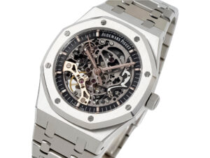 Royal Oak Stainless Steel Openworked Double Balance Wheel (41mm) showing intricate skeletonized dial and mechanical design.