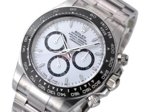 Cosmograph Daytona Stainless Steel ‘Panda’ (2023) with white dial, black subdials, and tachymeter bezel on a steel bracelet.