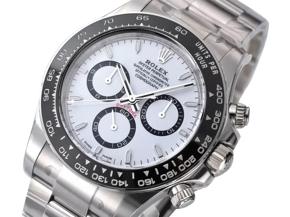 Cosmograph Daytona Stainless Steel ‘Panda’ (2023) with white dial, black subdials, and tachymeter bezel on a steel bracelet.