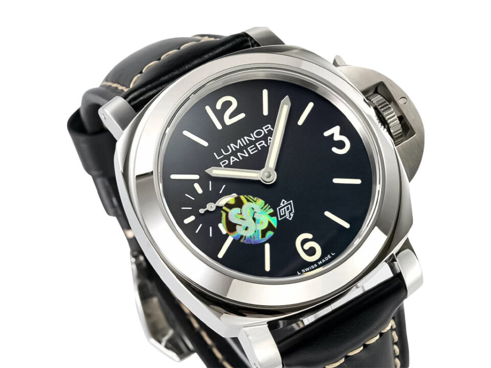 Luminor 44 Logo 3 Days watch with polished stainless steel case, black dial, and black strap displayed at an angle.