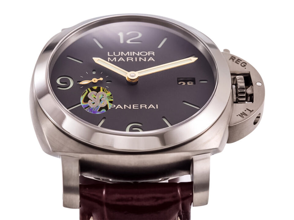 Luminor 1950 Marina 3 Days Automatic Titanium, 44mm, brown dial, brown strap, featuring date display and visible movement.