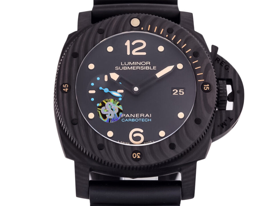 Luminor Submersible 47 3 Days Automatic watch with titanium and carbon case, black dial, and bold numeral markers.