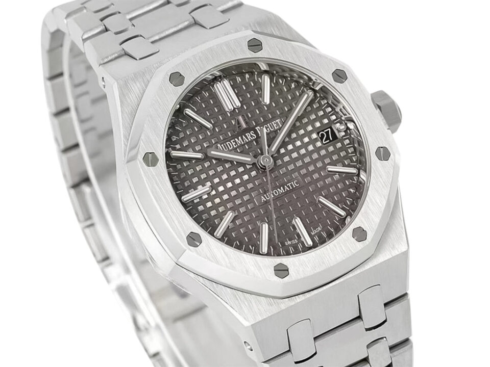 Royal Oak Stainless Steel watch with grey textured dial, 37mm case, octagonal bezel, and stainless steel bracelet.