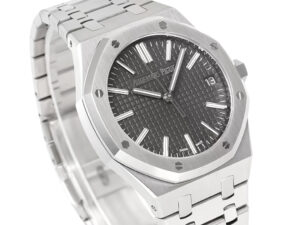 Royal Oak Stainless Steel '50th Anniversary' watch with 41mm case and grey dial, featuring a sleek design and textured face.