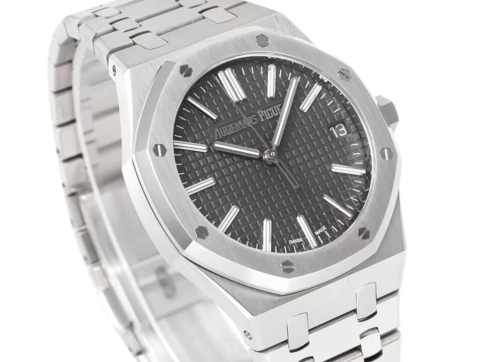 Royal Oak Stainless Steel '50th Anniversary' watch with 41mm case and grey dial, featuring a sleek design and textured face.