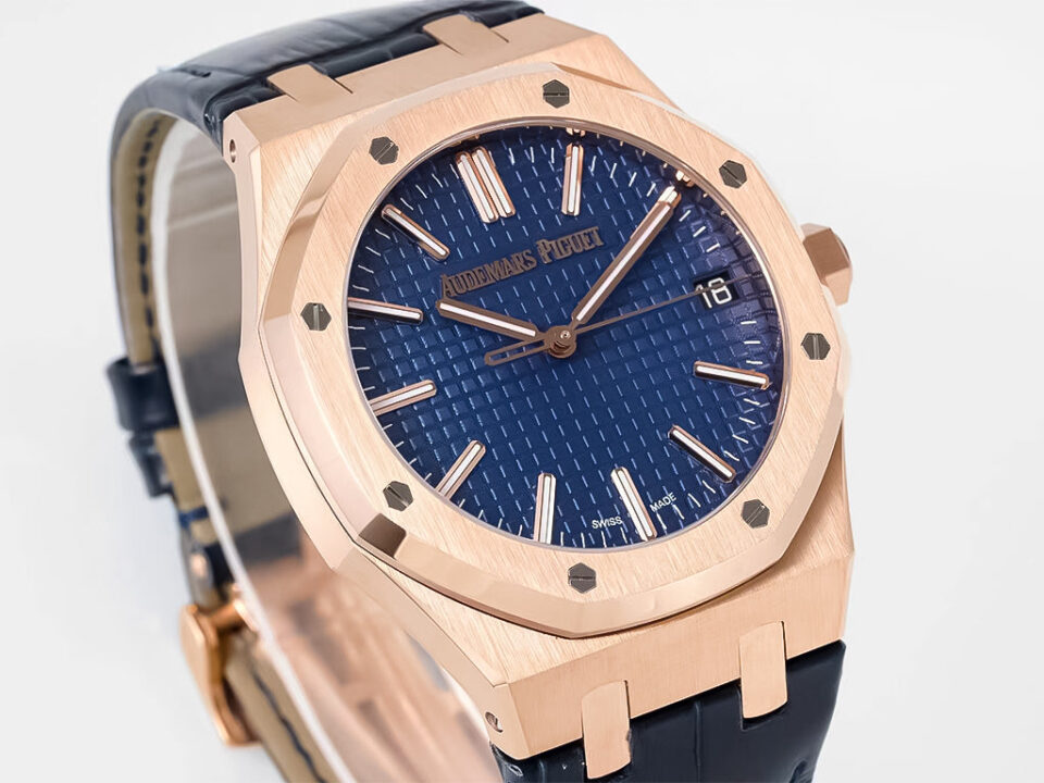 Royal Oak Pink Gold '50th Anniversary' with blue textured dial, pink gold case, and black leather strap (41mm).
