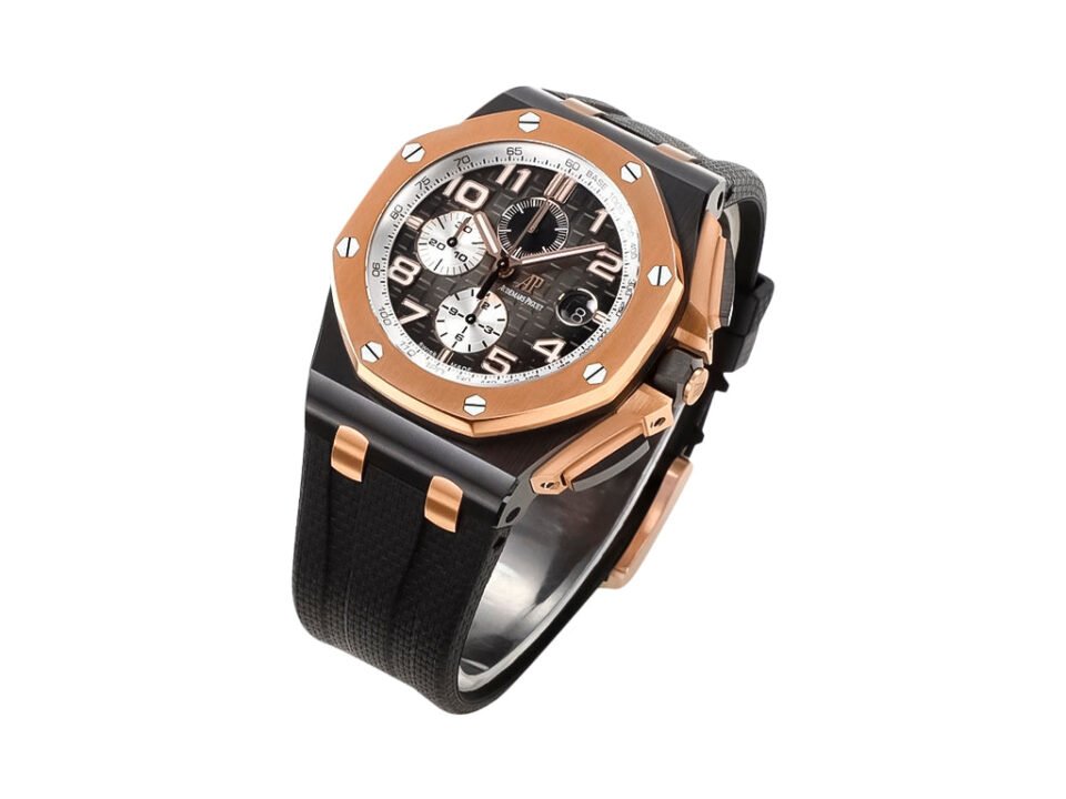 Royal Oak Offshore Chronograph 44mm watch with ceramic case, pink gold bezel, grey dial, and black strap.
