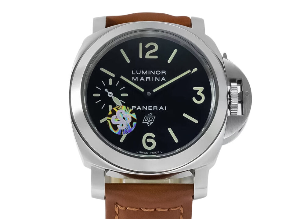 Luminor Marina Logo Stainless Steel watch with black dial, 44mm case, and brown leather strap displayed up close.