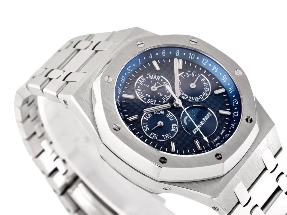 Royal Oak Perpetual Calendar Stainless Steel wristwatch with a 41mm case and blue dial featuring multiple subdials.