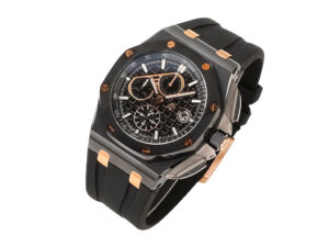 Royal Oak Offshore Chronograph Gims Ceramic with black dial (44mm), featuring rose gold accents and a black rubber strap.